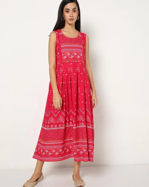 Geometric Print Round-Neck Fit & Flare Dress