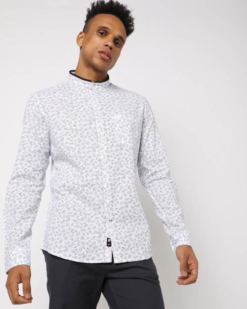 Leaf Print Slim Fit Shirt with Patch Pocket