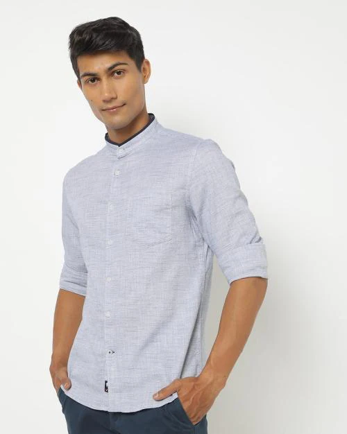 Men Slim Fit Band Collar Shirt