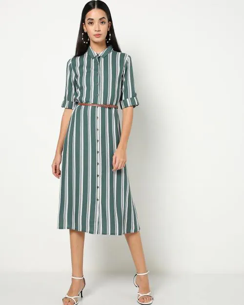 Buy Striped Shirt Dress with Waist Belt Online at Best Prices in India