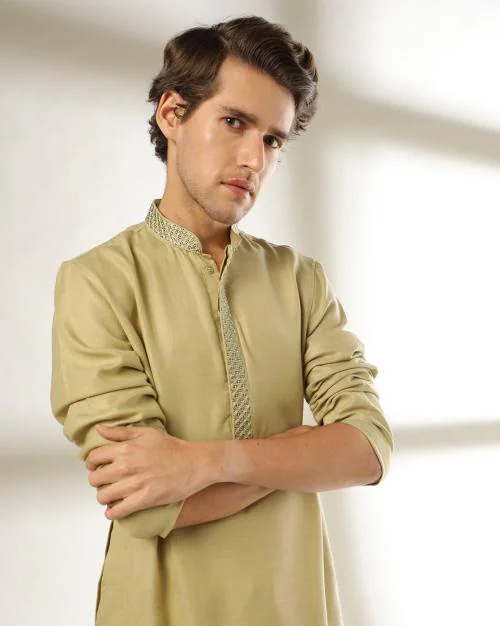 Slim Fit Long Kurta with Band Collar