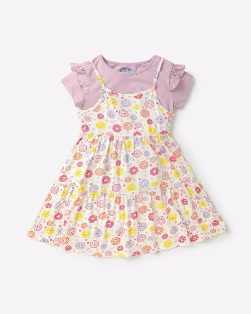 Floral Print Tiered Pinafore Dress with Top