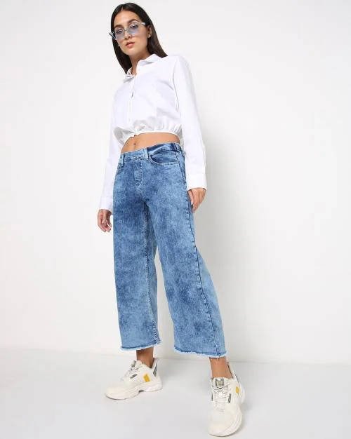Buy Washed Cropped Wide Jeans Online at Best Prices in India - JioMart.