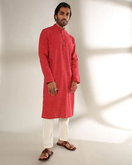 Striped Slim Fit Kurta with Embroidered Placket