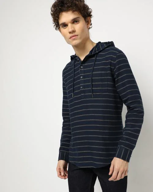 Men Striped Slim Fit Hooded Shirt