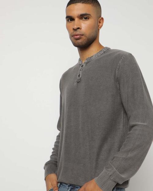 Henley Pullover Sweater with Ribbed Hems