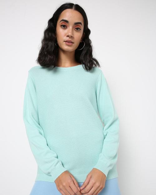 Round-Neck Knitted Pullover with Ribbed Hems