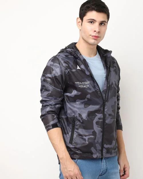 Camouflage Print Slim Fit Hooded Jacket