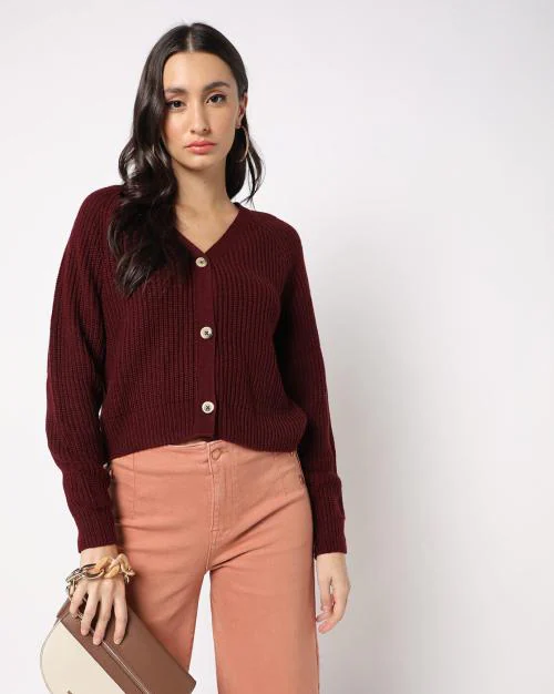 Ribbed Button-Down Crop Cardigan