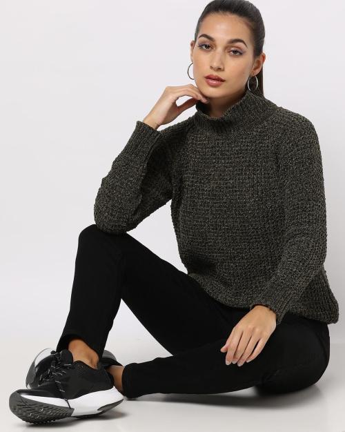 Knitted Raised-Neck Chenille Sweater
