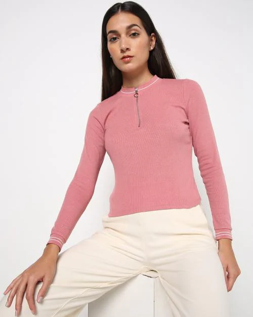 Ribbed Top with Zip Placket