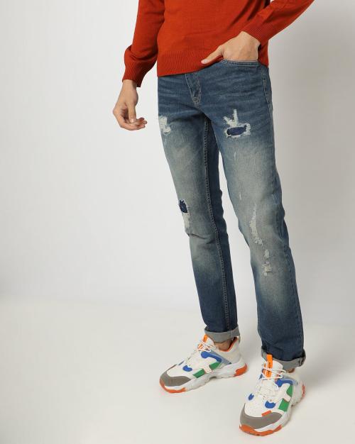 Men Heavily Washed Distressed Slim Fit Jeans
