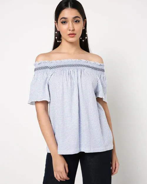 Striped Top with Off-Shoulder Sleeves