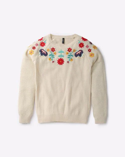 Floral Embroidered Round-Neck Sweater