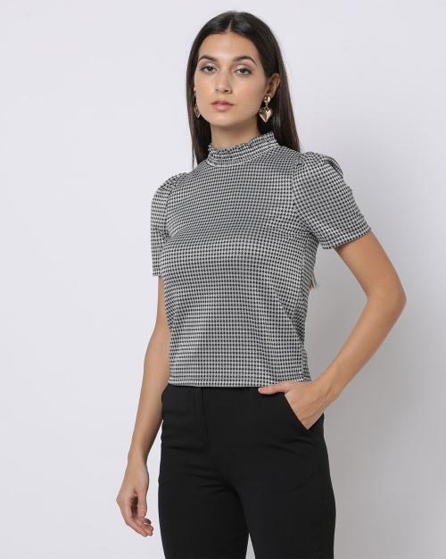 Checked HighNeck Top with Lettuce Hem JioMart