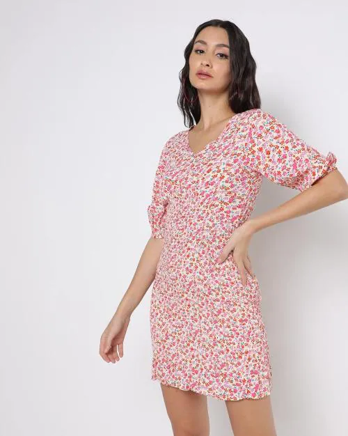 Printed Bodycon Dress with Smocking