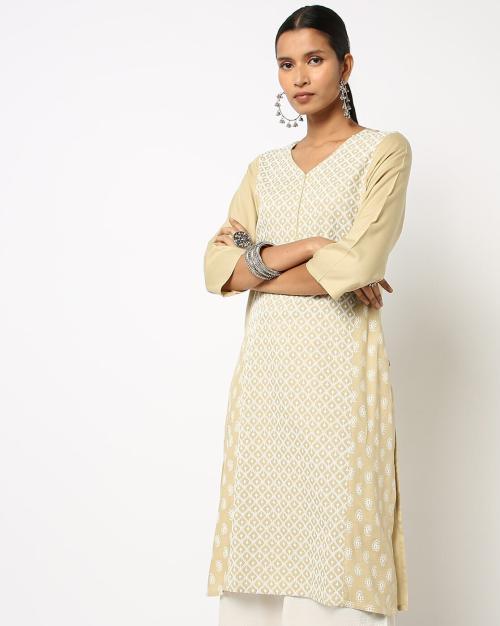 Embroidered V-neck Straight Kurta