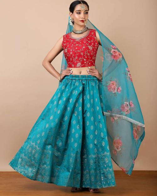 Floral Print Flared Lehenga & Choli Set