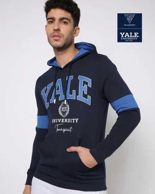 Yale 01 Typographic Print Hoodie with Kangaroo Pocket