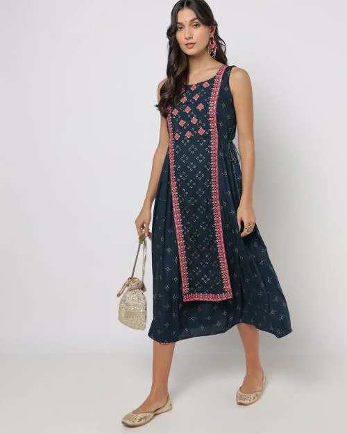 Printed A-line Dress with Contrast Panel