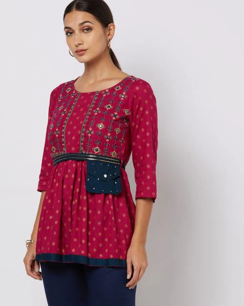 Ethnic Print Top with Waist Tie-Up