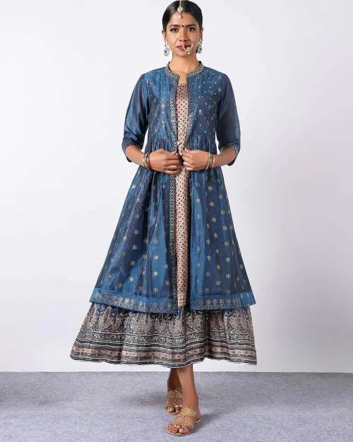 Printed A-Line Dress with Shrug