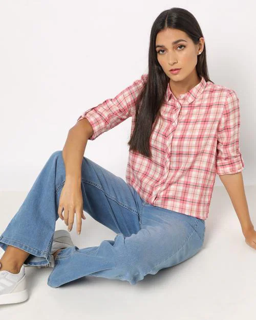 Checked Slim Fit Shirt with Roll-Up Sleeves