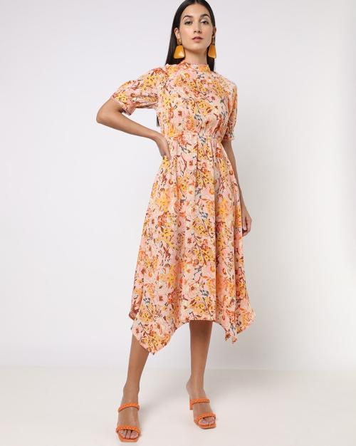 Floral A-line Dress with Asymmetrical Hemline