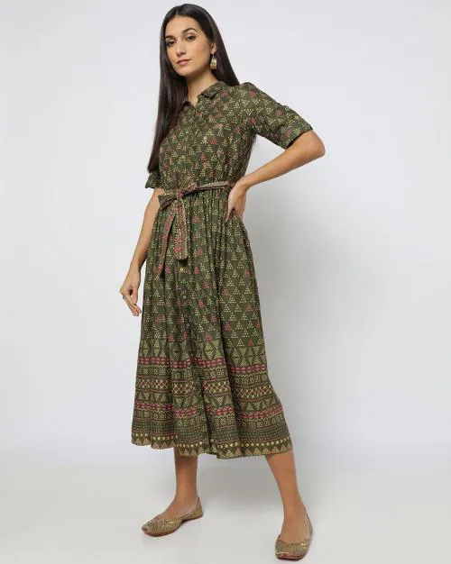 Printed Shirt Dress with Fabric Belt