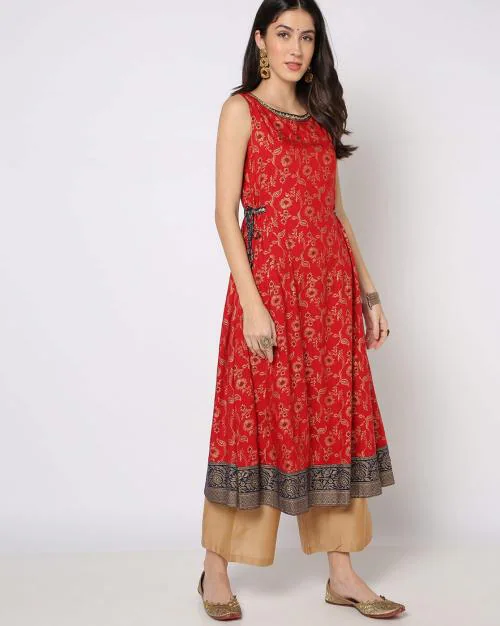 Floral Print A-line Kurta with Waist Tie-Up