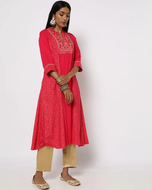 A-line Kurta with Yoke Embroidery