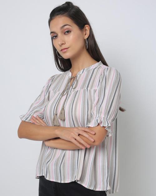 Striped Crinkle Top with Neck Tie-Up