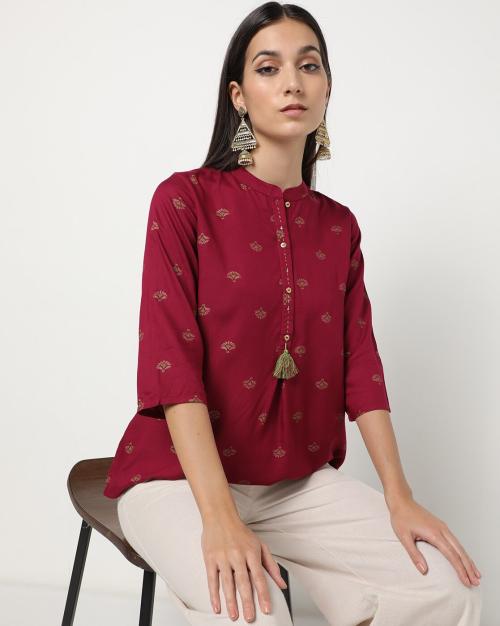 Floral Print Tunic with Band Collar