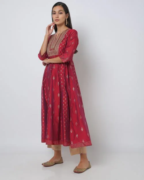 A-line Kurta with Yoke Embroidery
