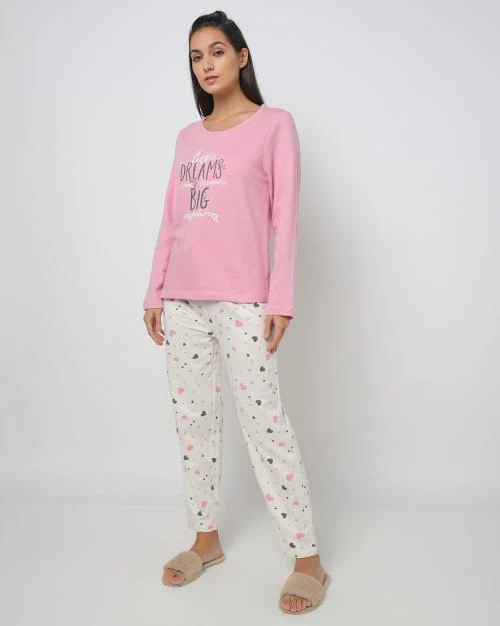 Typographic Print T-shirt & Pyjama Set
