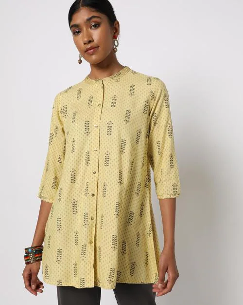 Printed A-line Tunic with Mandarin Collar