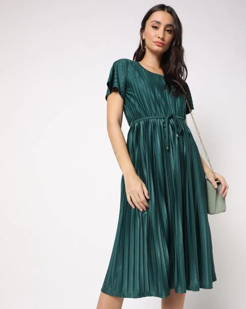 Pleated Fit & Flare Dress with Tie-Up