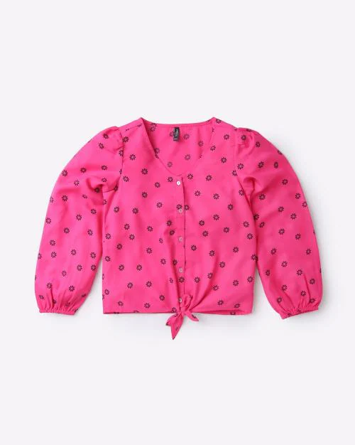 Buy Floral Flock Print Top with Knot Accent Online at Best Prices in