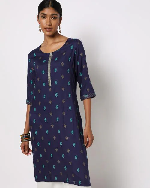 Printed Straight Kurta with Embroidered Placket