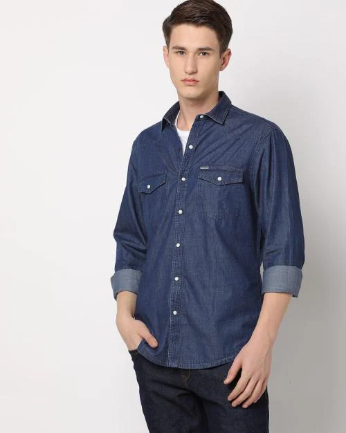 Buy Men Slim Fit Denim Shirt with Flap Pockets Online at Best Prices in