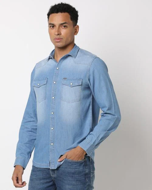 Men Slim Fit Denim Shirt with Flap Pockets
