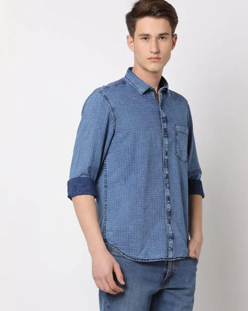 Men Micro Printdenim Slim Fit Shirt