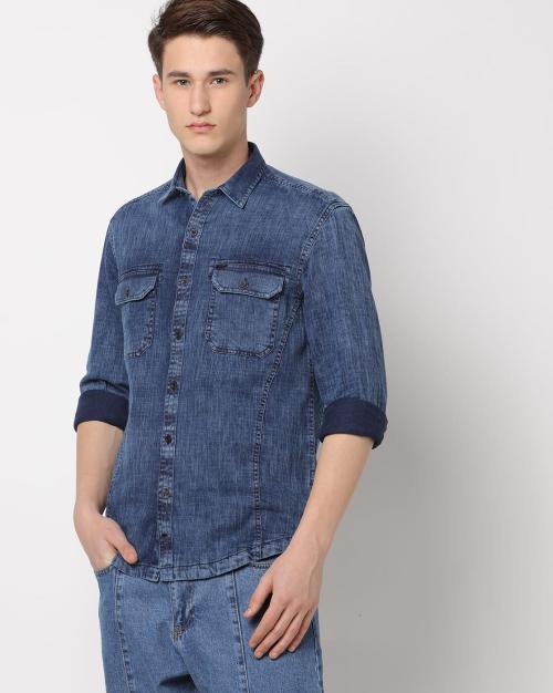 Men Slim Fit Denim Shirt with Flap Pockets