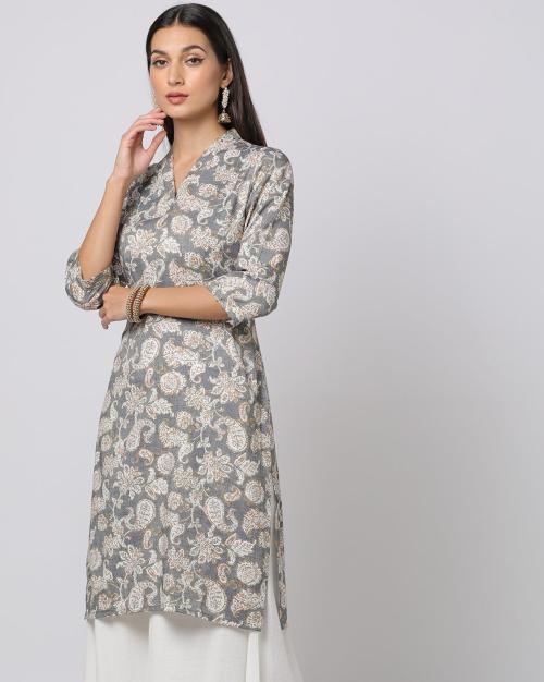 Printed V-Neck Straight Kurta