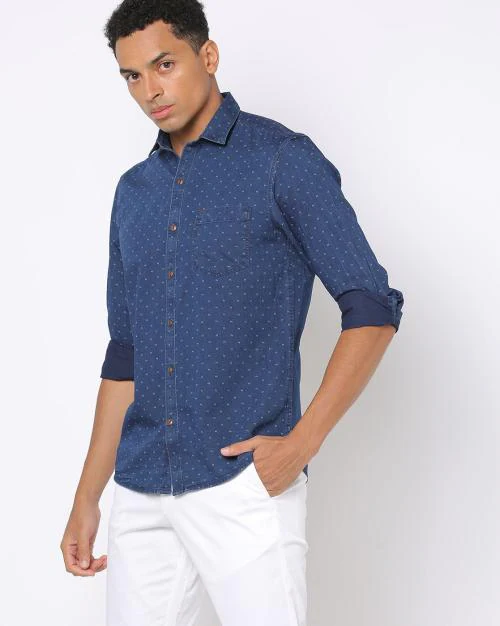 Men Micro Print Denim Slim Fit Shirt