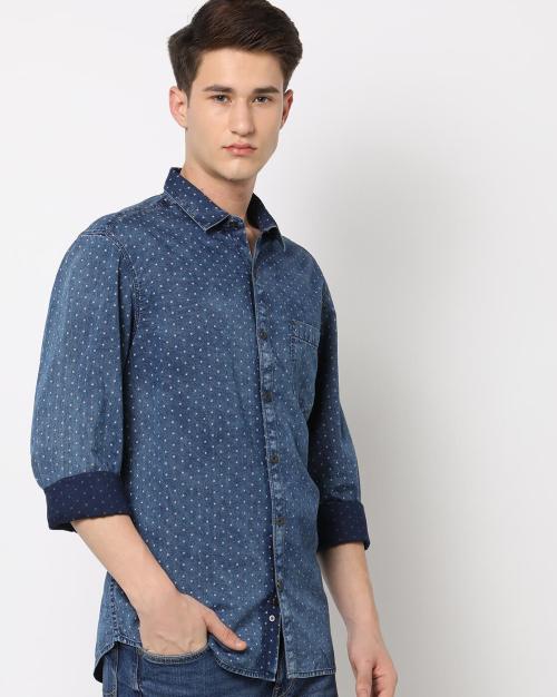 Men Slim Fit Printed Denim Shirt