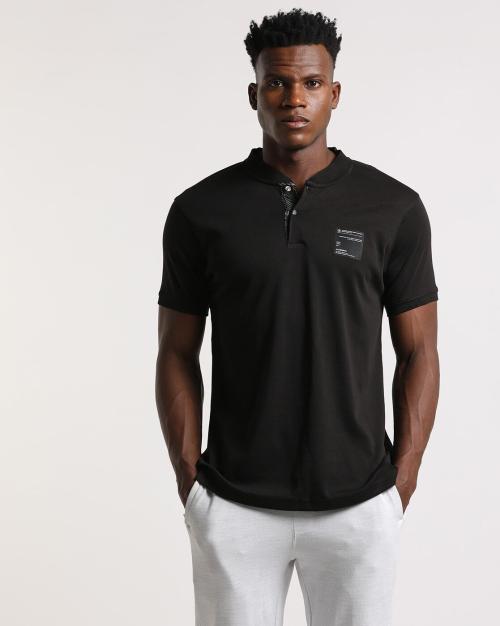 Regular Fit Henley-Neck T-Shirt with Brand Applique