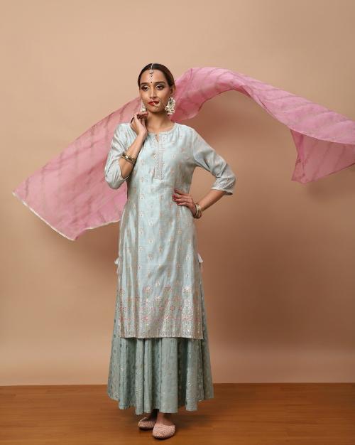 Floral Print Layered A-Line Dress with Dupatta