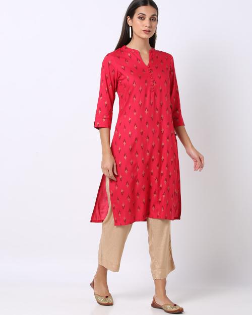 Buy Ikat Print Straight Kurta with Mandarin Collar Online at Best
