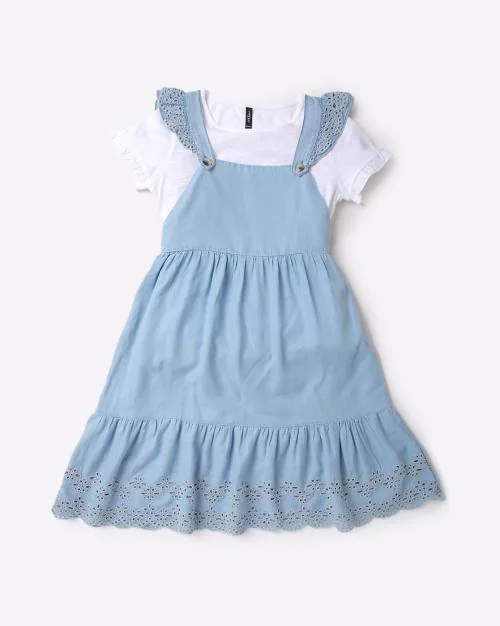 Schiffli Embroidered A-Line Dress with T-Shirt